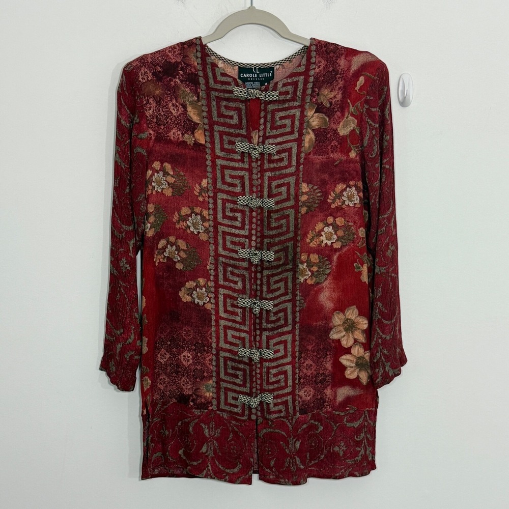 Carole Little Womens Jacket 4 Red Floral Cottagecore Artsy Gauzy Shacket